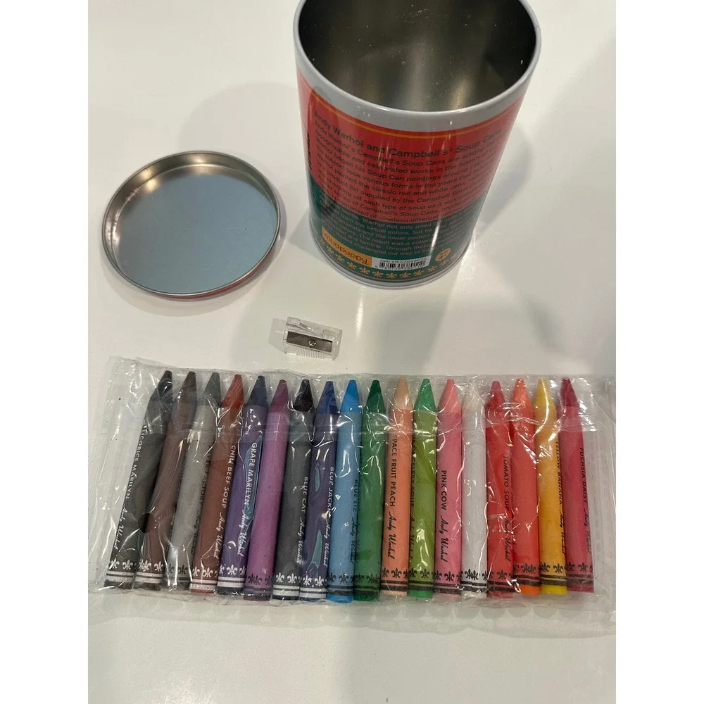 Mudpuppy Andy Warhol Campbells Soup Can 18 Crayons with Tin and Sharpener NEW